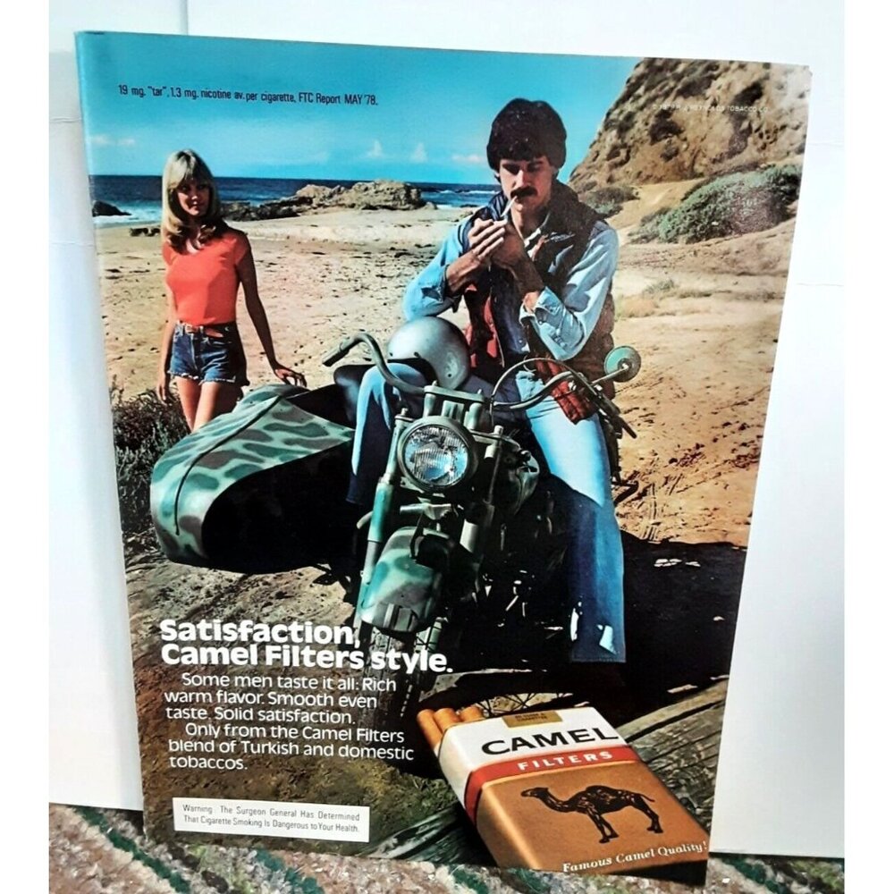 1980 Camel Cigarettes Man Motorcycle with Side Car Original Print Ad vintage 80s